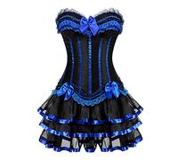 AIGOUT Ensemble corset gothique vintage de style cour en dentelle avec nœud en arête de poisson avec jupe bouquet gothique (bleu, S)