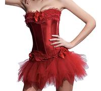 AIGOUT Ensemble corset + jupe tutu d'inspiration gothique pour femme - Robe corset à baleines en dentelle avec nœud - Détail satiné (rouge, 3XL)