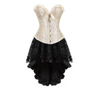 AIGOUT Ensemble corset steampunk pour femme - Robe corset en satin en forme d'arête de poisson - Robe jacquard vintage pour costumade - Pour fête, mariage, Halloween (beige, taille XXS)