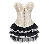 AIGOUT Ensemble corset vintage en brocart - Ensemble corset gothique en dentelle et satin - Jupe de ballet - Ensemble deux pièces avec nœud à nouer sur le devant et corsage en arête de poisson (beige