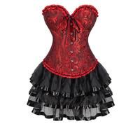 AIGOUT Ensemble corset vintage en brocart - Robe corset gothique en dentelle satinée - Jupe de ballet - Ensemble deux pièces avec nœud à nouer sur le devant et corsage en arête de poisson (Rouge foncé