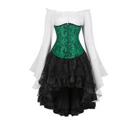 AIGOUT Ensemble corset vintage en brocart sous la poitrine - Chemisier de pirate gothique - Corsage à manches cloches - Costume d'Halloween (noir vert, XXS)