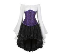 AIGOUT Ensemble corset vintage en brocart sous la poitrine - Chemisier de pirate gothique - Corsage à manches cloches - Costume d'Halloween (noir violet, taille 4XL)