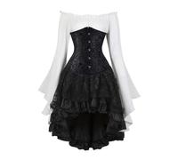 AIGOUT Ensemble corset vintage en brocart sous la poitrine - Chemisier de pirate gothique - Jupe à manches cloches - Costume d'Halloween (noir, 5XL)