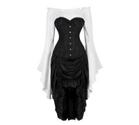 AIGOUT Ensemble de 3 pièces gothique corset jupe chemise - Jacquard, corset en dentelle, jupe longue pirate costume steampunk vampire Renaissance costume pour femme (noir blanc, XXL)