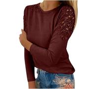 AIGOUT Haut à manches longues pour femme - Sweat-shirt décontracté pour femme - Col rond - Tunique habillée en dentelle - Pull basique pour le travail, le bureau, le sport (vin, XL)