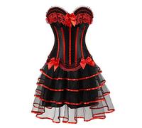 AIGOUT Robe corset gothique en satin rayé avec longue jupe en tulle avec nœud en dentelle et arête de poisson, ensemble jupe en mousseline de soie rayée en satin (rouge, 7XL)
