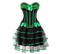 AIGOUT Robe corset gothique en satin rayé avec longue jupe en tulle avec nœud en dentelle et arête de poisson, ensemble jupe bustier en mousseline de soie rayée (vert, 6XL)