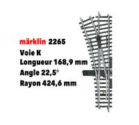 Märklin Aiguillage 2265 à gauche — longueur 168.9 mm, rayon 424.6 mm, 22.5° — 2 pc(s)