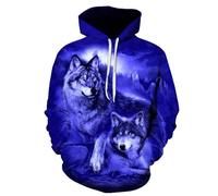 AIHERQG Sweat à Capuche imprimé en 3D, Motif Animal, scène Nocturne Bleue, Loup, for Hommes, Femmes et Enfants, survêtement(XL)