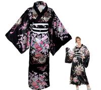AIHERQG Yukata japonais for femme, kimono en soie fleurie avec ceinture, robe yukata geisha, peignoir japonais, peignoir en satin fleuri(Black,L)