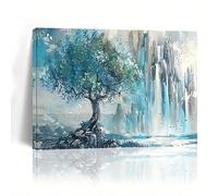 AIHNBF Arbre de Vie Abstrait Tableau Paysage Cascade Impression sur Toile Bleu Sarcelle Nature Moderne Décoration Murale Scène de Montagne avec Oiseaux pour la Maison 40 x 60 cm