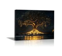 AIHNBF Arbre de Vie Toile Murale Racines et Feuilles Dorées Lumineuses Impression Paysage Nature Mystique Décor Noir et Or Salon Chambre Bureau 80 x 120 cm