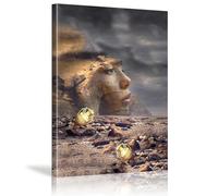 AIHNBF Art Mural Paysage Désertique Surréaliste avec Visage en Pierre et Orbes Dorés Mystérieux Toile pour Salon et Bureau 60 x 90 cm