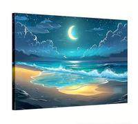 AIHNBF Art Mural sur Toile Nuit de Plage Rêveuse avec Croissant de Lune et Étoiles, Impression de Paysage Océanique Serein pour la Décoration Intérieure 60 x 90 cm