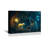 AIHNBF Art Mural Toile Berger Divin Agneau Perdu Scène Forêt Religieuse Décoration Intérieure Inspirée Foi Sérénité Spirituelle 50 x 75 cm