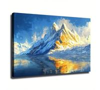 AIHNBF Art Mural Toile Montagne Enneigée Reflet Lac Majestueux pour Salon Chambre Bureau Décor Peinture Paysage Naturel Époustouflant Bleu Or Vibrant 30 x 45 cm