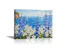 AIHNBF Art Toile Paysage Côtier Voilier, Décoration Murale Impressionniste Fleurs Bleues Vue sur l'Océan pour Salon Chambre, Tableau Sérénité Nature 50 x 75 cm