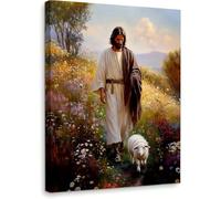AIHNBF Jésus-Christ Bon Pasteur avec Agneau Toile Murale - Décoration Religieuse Chrétienne Inspirante - Impression Paysage Floral Vibrant 80 x 120 cm