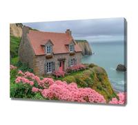 AIHNBF Peinture Murale en Toile de Maison de Campagne Côtière en Pierre avec Fleurs Roses - Décor Paysager Idyllic Charmant 60 x 90 cm