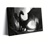 AIHNBF Tableau Dragon Noir et Blanc Décoration Murale Créature Fantastique Mystique Grotte de Montagne Sombre Toile Décorative Gothique pour Salon Bureau Chambre Gaming 60 x 90 cm