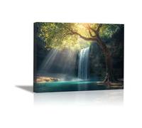 AIHNBF Tableau Mural Cascade Majestueuse Paysage Naturel Toile Imprimée pour Salon Chambre Décor Scène Forêt Tranquille avec Rayons de Soleil et Eau Bleue 80 x 120 cm