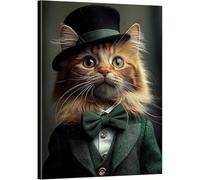 AIHNBF Tableau Mural Chat Élégant - Portrait de Félin Chic avec Chapeau Haut & Costume Vert Nœud Papillon - Décor Animalier Original 80 x 120 cm