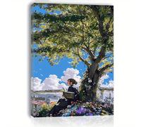 AIHNBF Tableau Murale Fille Anime Lisant Sous Arbre Luxuriant Toile Art Paysage Fantaisie Paisible Illustration Décor Salon Cocooning 40 x 60 cm