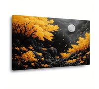 AIHNBF Tableau Paysage Clair de Lune Mystérieux, Arbres d'Automne Jaunes Vifs sur Roches Sombres, Scène Nocturne Sereine pour Décor Moderne 80 x 120 cm