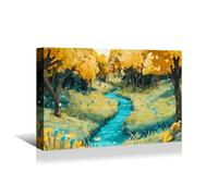 AIHNBF Tableau Paysage de Forêt d'Automne Vibrant, Rivière Bleue Sinueuse, Arbres Jaunes Dorés, Décoration Murale Scène Naturelle Paisible 50 x 75 cm