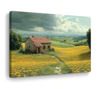 AIHNBF Tableau sur Toile Paysage Rustique - Ferme Idyllique au Milieu de Champs de Fleurs Jaunes & Collines - Décoration Murale Nature 50 x 75 cm