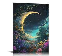 AIHNBF Tableau Toile Forêt Enchantée Lune Croissante | Paysage Floral Rêveur Ciel Étoilé, Art Mural Botanique Magique Chambre Salon 20 x 30 cm