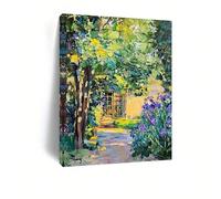 AIHNBF Tableau Toile Impressionniste Chemin de Jardin avec Iris Violets Vibrants, Peinture Paysage Nature Texturée au Couteau pour Décoration Salon Chambre 60 x 90 cm