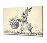 AIHNBF Tableau Toile Lapin de Pâques Enchanteur - Dessin Vintage de Lapin avec Panier d'Œufs et Fleurs - Décoration Printanière de Ferme Charmante 50 x 75 cm