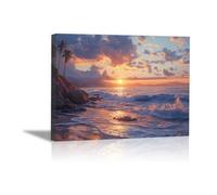 AIHNBF Tableau Toile Paysage Coucher de Soleil Plage Tropicale - Art Mural Sérénité Palmiers Océan Vagues pour Salon Chambre 60 x 90 cm