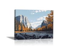 AIHNBF Tableau Toile Yosemite National Park, Paysage Majestueux Montagne Rivière, Impression Scénique Forêt Automne Décoration Maison 30 x 45 cm