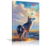 AIHNBF Toile Imprimée Loup Rêveur avec Montgolfières Art Mural Paysage Pittoresque Décor Animal Moderne Maison 50 x 75 cm