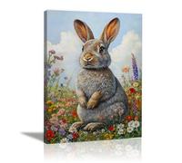 AIHNBF Toile Murale Lapin Adorable dans un Pré Fleuri - Impression Lapin Fleurs pour Salon Chambre à Coucher, Décor Animalier Nature Inspiré 30 x 45 cm