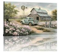 AIHNBF Toile Murale Rustique Ferme Art Camion Bleu Vintage Grange Moulin À Vent Fleurs Écloses Paysage Décoration Campagne 40 x 60 cm