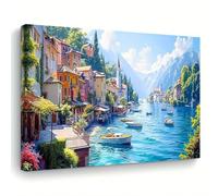 AIHNBF Toile Murale Village Côtier Italien Vibrant, Impression Paysage Urbain Européen Pittoresque, Décor Scène Port Méditerranéen Serein 60 x 90 cm