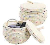 AIHSUMC Lot de 2 corbeilles en corde de coton tressé avec couvercle - Panier de rangement décoratif pour cosmétiques, collations, accessoires de chambre d'enfant, jouets, crème avec accents colorés