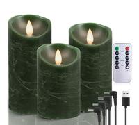 AiiBowy Bougies LED Rechargeables USB [3 PCS] Bougies LED Flamme Vacillante, Telecommande, Bougies d'extérieur, Sans Flamme, Bougies Piliers pour Décoration Halloween, Noël - Vert