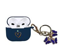 AIIEKZ Compatible avec Coque AirPods 3 2021, Coque en Silicone Souple avec Motif Cœur Doré pour AirPods 3ème Génération, avec Porte-clés Papillon Mignon (Bleu Nuit)