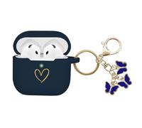 AIIEKZ Compatible avec Coque AirPods 4 2024, Coque en Silicone Souple avec Motif Cœur Doré pour AirPods 4ème Génération, avec Porte-clés Papillon Mignon (Bleu Nuit)