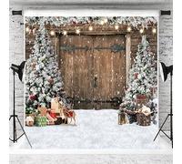 AIIKES 10x10FT Toile de Fond de Noël Hiver Noël Campagne Grange Porte en Bois Fond Photographique Arbre de Noël Neige Cadeau Famille Vacances Fête Décor Fond Studio Prop 12-630