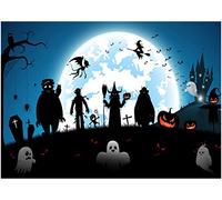 AIIKES 7x5FT Halloween Horreur Nuit Toile de Fond Citrouilles Lampes Sorcière Monter Un Balai Bat Château Photographie Fond Famille Fête Décoration Fond Bébé Personnel Portrait Prise Vue Props 11-740