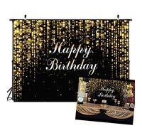 AIIKES 7x5FT Joyeux Anniversaire Fond Photographie Noir et Or Glitter Bokeh Fond Bébé Adulte Anniversaire Bannière Gâteau Fond Photo Studio Props 11-835