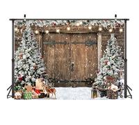 AIIKES 8x6FT Toile de Fond de Noël Hiver Campagne Grange Porte en Bois Fond Photographique Arbre de Noël Neige Cadeau Famille Vacances Fête Décor Studio Prop 12-630