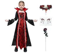 Aiisheeny Costume de vampire pour enfants et filles. Costume d'Halloween avec collier rose rubis. Déguisement grisâtre pour les fêtes effrayantes. Costume Dracula pour enfants de 4 à 12 ans. Taille S