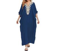 AiJump Femmes Coton Robe Grande Taille Eté Caftan Longue Kimono Bikini Cover-Up Plage Tunique Maillot de Bain,Bleu Foncé 5,Taille Unique